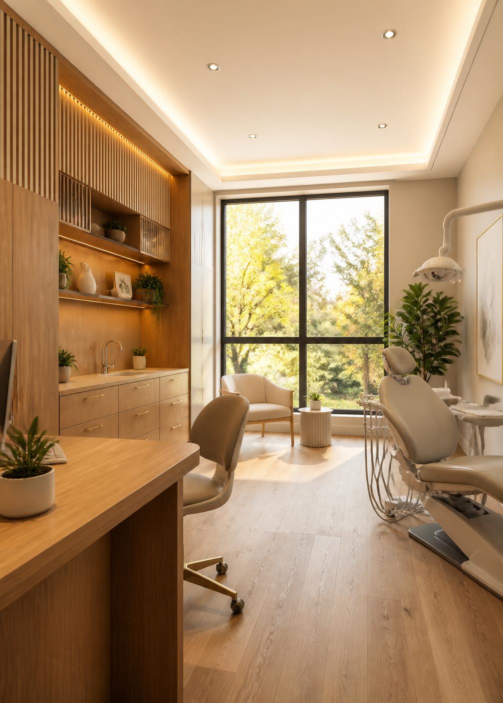 The consultation room at the practice, seen wide with daylight from the window