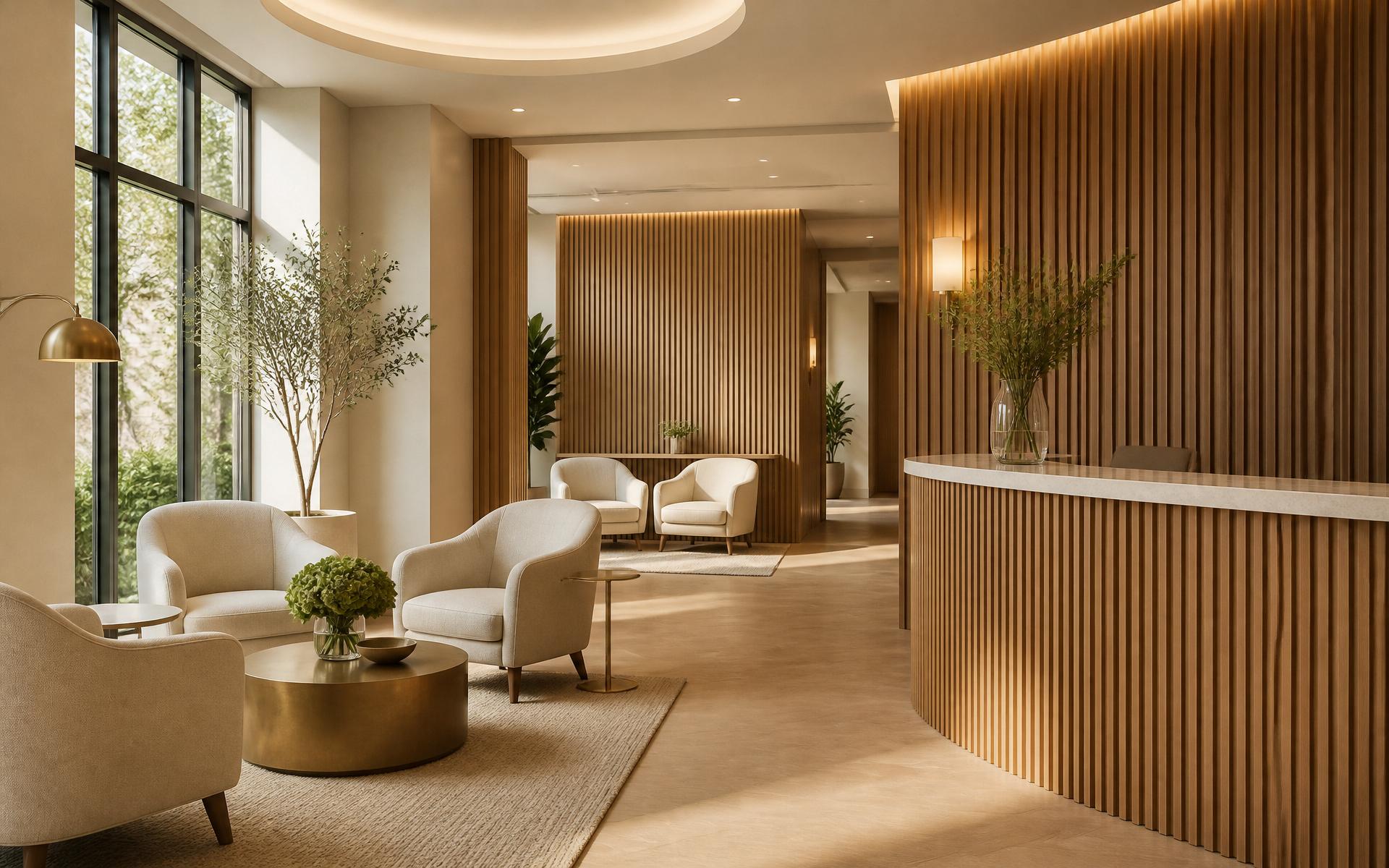 The warmly lit reception lounge at Montville Center for Dentistry
